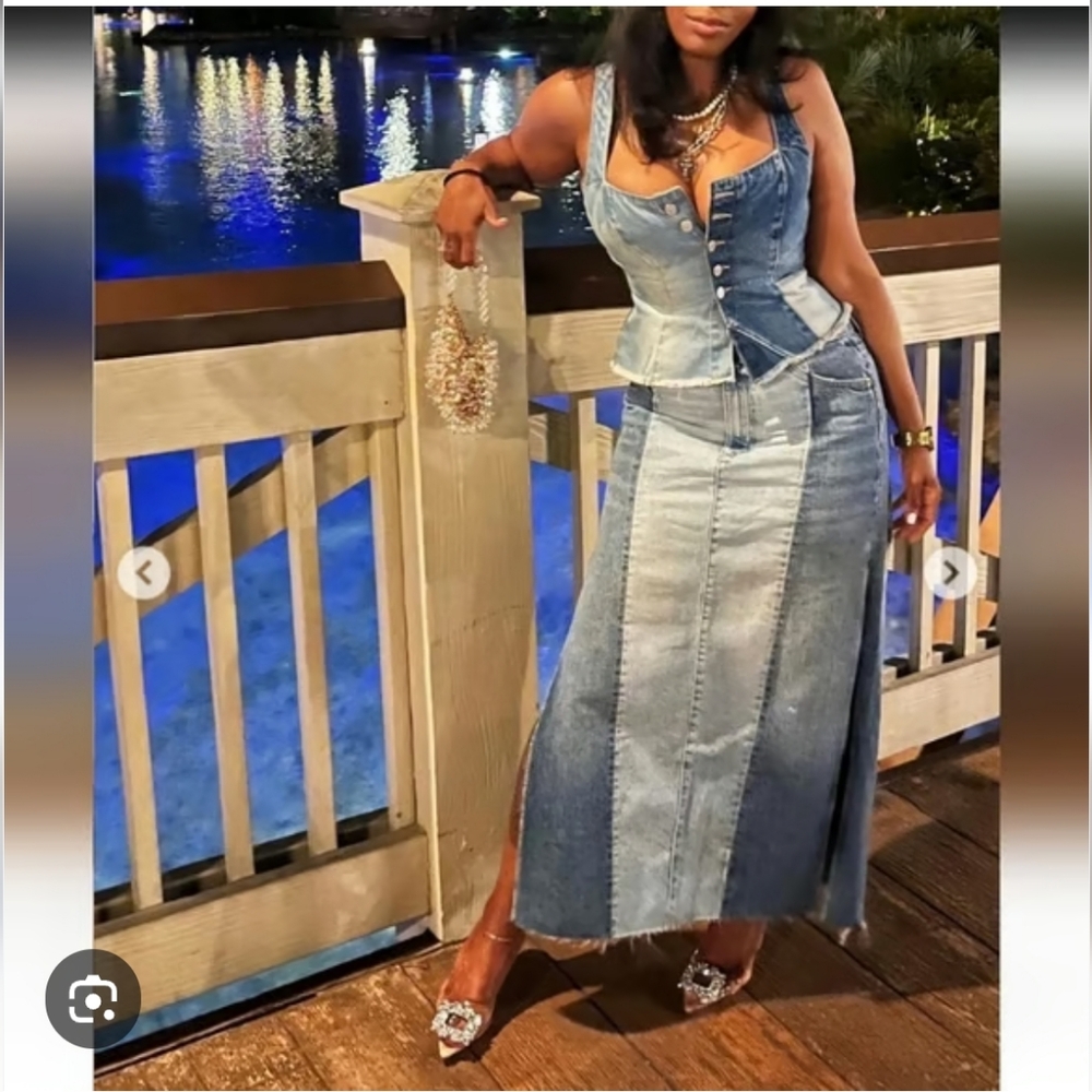 Zara Blue Patchwork Denim Skirt And Top